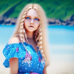 Beautiful sunny face woman blue eyes long blond hair in an hippy blue flower dress on a beach, unreal engine, 4k