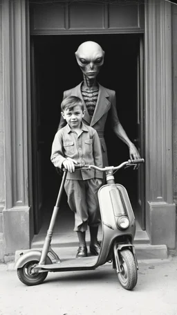 An old picture style of black and white mono very bad quality looks very old camera picture with cracks of boy with a scooter standing beside an Alien creature that is dressed like a man , year 1900