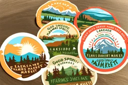 Stickers for a lakeside farmers' market "Good Spirit Market" in a national parks sticker style