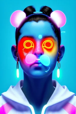 Ultra Realistic image, Rosalía artist, waist up portrait, black eye line, angry face , gold pink and blue geisha style, spray line make up, geometric, led lights, neon, rings piercing, led ornament, fog, bubble latex coat, vibrant color, highly detailed, art stations, concept art, smooth, unreal engine 5, god rays, ray tracing, RTX, lumen lighting, ultra detail, volumetric lighting, 3d, finely drawn, high definition, high resolution.