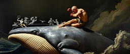 close up on kick boxing match on top of whale, painted by rembrandt
