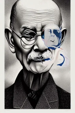 a vibrant ultraclear sideview waist up portrait of Ghandi, by rene magritte and laurie greasley, etching by gustave dore, colorful flat surreal, ethereal, intricate, sharp focus, illustration, highly detailed, digital painting, concept art, masterpiece