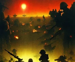 vietnam war. war. napalm. bokeh. lens flare. warm lights. high detailed. beksinski