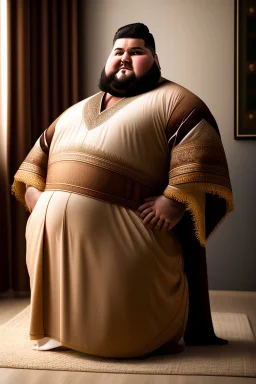 close up photography of a Burly arab 26 year old stocky short chubby man on his knees, short beard, dressed in an brown economic traditional caftan with pants and sandals, photorealistic, ambient occlusion, in a simple living room, ambient occlusion, side view from the bottom