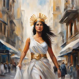 [Part of the series by Marcelle Ferron] In a bustling city, a woman resembling Athena emerges, exuding wisdom and strength.