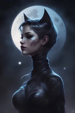 black style, mystical, transparent, ghost catwoman of the milky way, moon, Trending on Artstation, {creative commons}, fanart, AIart, {Woolitize}, by Charlie Bowater, Illustration, Color Grading, Filmic, Nikon D750, Brenizer Method, Side-View, Perspective, Depth of Field, Field of View, F/2.8, Lens Flare, Tonal Colors, 8K, Full-HD, ProPhoto RGB, Perfectionism, Rim Lighting, Natural Lighting, Soft Lighting, Accent Lighting, Diffraction Grading, With Imperfections, insanely detailed and intricate,