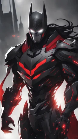 A close picture to Mix between symbiote and machine and batman in transformers cyborg with black metal and red details armor in solo leveling shadow art style with red details detailsis in fantasy world