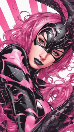 A close picture to Mix between gwenpool and symbiote, symbiote venom in background, pink and black custom, intricate details, highly detailedin in solo leveling shadow art style