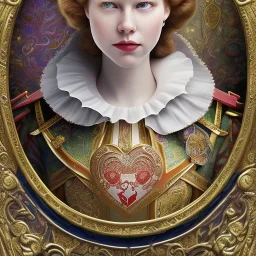 "Queen of Hearts" book young man character of "Alice in the wonderland". Fat,Detailed face, detailed eyes, Realistic lighting,elegant dress,sarcastic smile,.behance contest winner, generative art, baroque, intricate patterns, fractalism, movie still, cartoon.style by Disney,Chie Yoshii,earnst haeckel,james jean.