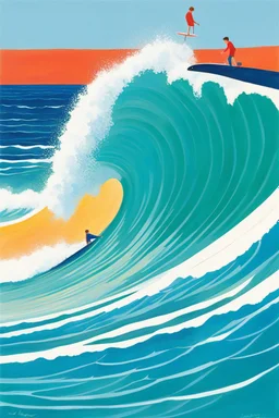 [surf illustration by David Hockney] À l’aube, je me lève, Vers La Piste, la planche sous le bras, Sur la vague, je me lève aussi, Une, deux, trois fois, je vole.