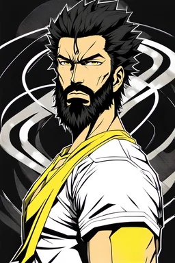 An anime style full body picture in a monocromatic black background of a medium muscular man with a black circled beard and medium size hair, black eyes, big nose, wearing a full black t-shirt with yellow details