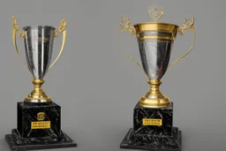 The trophy stands about 12 inches tall, and the base is a shiny, black marble pedestal with a silver plate on it, bearing the inscription "Champion's Triumph" in bold, elegant letters.