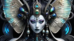 create an image of a beautiful menacing prismatic and (iridescent:1.5) (geisha alien:1.5) with perfect gorgeous black alien eyes and adorned with (unique bone carvings:1.5) with futuristic jewelry and pearlescent butterflies filigree, H.R. Giger style, Japanese and alien background, sharp focus, whimsical, fantasycore, aliencore, gothcore, lillies and tropical flora, aliens