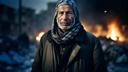 Palestinian old man wears the keffiyeh , Carrying a small city ,at winter , Destroyed Buildings , with a Explosions, at night