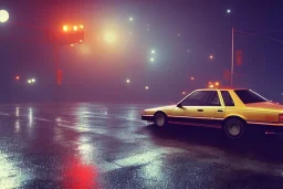 A 1990s car standing in front of a red traffic light, empty street, Cairo, 1990s, night time, rain, winter, movie scene Nick Harris style