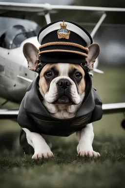 A realistic photo of a French bulldog flying a small plane, wearing a pilots hats