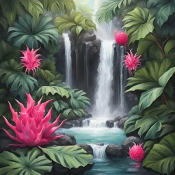 Separate waterfall with tropical leaves and dragon fruit