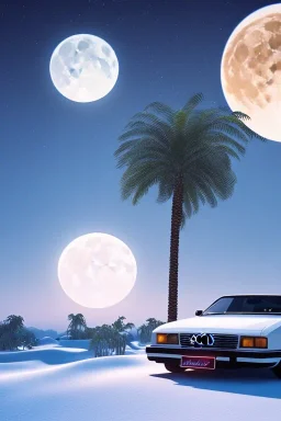 1980's aesthetic vaporwave palm trees with lighting with moon with audi in the winter snow