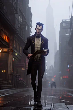 Werewolf in a suit walking the streets of Soho in the rain. He's holding a resraurant menu in his hand. There is a Chinese restaurant called Lee Ho Fuk's in the background. Photograph.