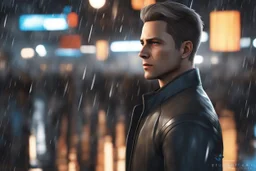 Marcus in 8k anime artstyle, Detroit become human them, normal eyes, close picture, rain, apocalypse, intricate details, highly detailed, high details, detailed portrait, masterpiece,ultra detailed, ultra quality