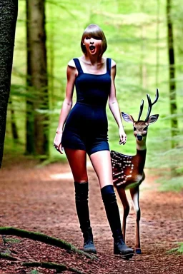 Taylor Swift in the woods raising a baby deer as her own high quality