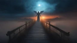 walking straight ahead over a wooden bridge, holding the angel of death with your right hand, entering the fog at the end of the road that leads to the afterlife, and a beautiful sunset and galaxy's behind the fog, realistic