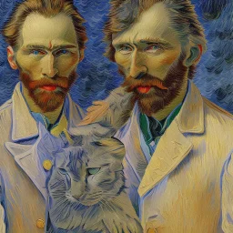 Pintura de vangogh con un gato gris y un perro negro