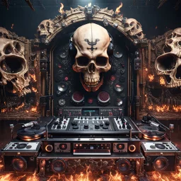 DJ of the damnded, insanely detailed DJ booth in hell, MID set, speakers and equipment made of bone, anatomically correct, add more skulls in th audience, photorealism, vray, 8k 3d https://stablecog.com/generate?o=a67b60e0-edd2-418d-9744-d1d585055d7fv https://stablecog.com/generate?o=93026b00-ac6b-436a-bc57-6aa04073d4a9