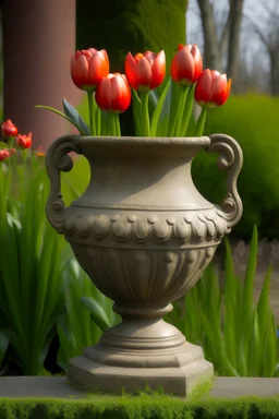 Etruscan urn holding tulips