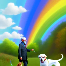 old man with glasses, with dog, on the rainbow bridge