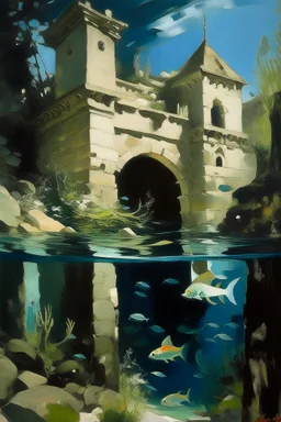 An underwater castle filled with fish painted by John Singer Sargent