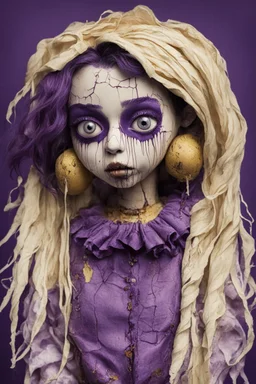 full color, illustration of a darkpurple and gold tones, menacing, Singer Melanie Martinez face, as a decayed, broken, crude homemade cloth doll toy, with a narrow cracked porcelain face, thick dark eyebrows, hair in two gradually, made from ragged strips of cloth, in the style of Alex Pardee, Tim Burton, and Nadya Sheremet