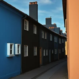 Fotografia di strada assurda e falsa orripilante blu weirdcore dai colori vivaci. Noe. Non luogo falso, inusuale. Max Ernst. Le case sono false e dipinte di nero chiaro con cose stilizzate e dettagli. Ci sono finestrelle false quadrate, che danno un senso distopico e molto surreale, disposte in modo casuale. L'atmosfera generale sembra noiosa e onirica, con un contrasto tra elementi reali ed elementi dipinti falsi, René Magritte, oddest things