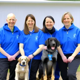 dogdaycare 4person group photo staff hands behind back