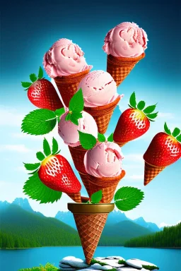 strawberry ice-cream on mountaintop, lake, trees, mystical, Post-painterly abstraction