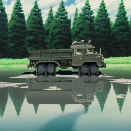 hyperrealistic shot, muddy military toy truck, monotone color palette, sharp focus, puddle reflection, tire water splash, refraction, mist on the horizon, shadowcast, detailed and intricate, cinematic composition, micro, tilt shift photography