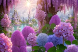 a magical crystal flower lys bougainvillier,pink hydrangeas, pink wisteria, blue gold house crystal castle in wood of pink wisteria, magnolias pink,blue lake,sun,white swanns,pink vertical, blue lake,sharp, vines, candlelit, endor, ornate, elegant, highly detailed, artstation, concept art, smooth, sharp focus, illustration, 8k, splash art, wallpaper, key visual