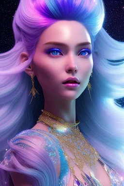 woman glitter blue fairy in a galactic ambiance, long blue hair, detailed gorgeous smile, delicate colors in the foreground, full of details, smooth, light effect，vaporwave colorful, smooth, extremely sharp detail, finely tuned detail, ultra high definition, 8 k, unreal engine 5, ultra sharp