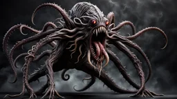 looking to camera a aggressive fantasy monster with many tentacles, dynamic pose, scary creature without face and without eyes, with big mouth, full length, full body without legs, very detailed, intricate insanely, Hyperrealism, photorealistic, natural volumetric light, dark fantasy style, photo style