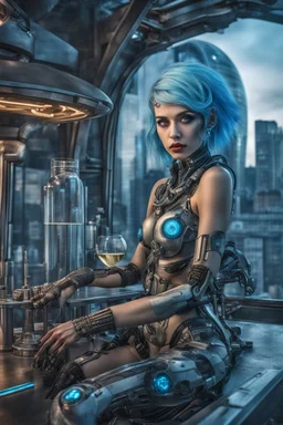 A beautyful biomechanical woman with tranparent glass body and blue hair, sitting in the cyberpunk rooftop bar in futuristic city, intricate details, HDR, beautifully shot, hyperrealistic, sharp focus, 64 megapixels, perfect composition, high contrast, cinematic