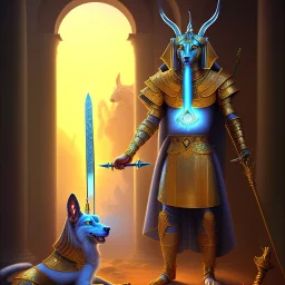 A magic door opening to Anubis with sword, high quality, high details , hd, hyper realistic, magic style ,