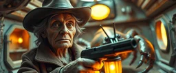 gritty air brush 3d with pen outline,seasoned handsome gunslinger western fluffy elder woman edgy hero with slightly glowing eyes and nudged dented skin in front of glistening space tardigrade lobster dog, shallow depth of field, warm lantern, pin hole cam in doll house space ship, bottom floor board edge border