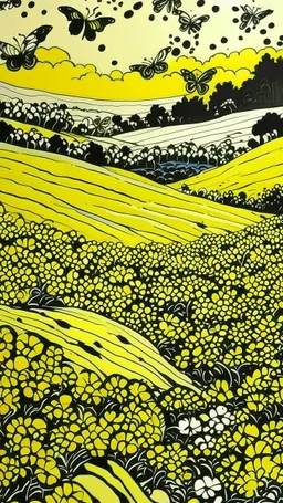 A yellow stinky field with butterflies designed in cave paintings painted by Roy Lichtenstein