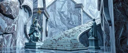 the chariot, the fool and the tower tarot card disaster rendered in magnificient 4d glossy marble stones reflective and wet, like mirrors, winding stairs, watchers, statues of perfect octahedron dice