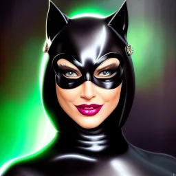 ultra detailed fullbody portrait of busty beautiful CatWoman, wearing skintight Black costume, extremely detailed digital painting, intrincate, extremely detailed smiling face,crystal clear Big Green eyes, in the style of Adam Hughes , mystical colors , perfectly centered image, perfect composition, rim light, beautiful lighting,8k, stunning scene, raytracing