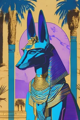 vaporwave, tarot card, palm trees, anubis, egypt, hieroglyphics