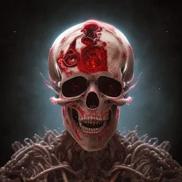 old zombie warrior, blood in a bright red color flows down the skull, hr giger, steam punk, realistic, made in octane, cinematic, ultra-realistic, extremely detailed octane rendering, 8K, VRAY Super Real ar 2:3, dof photorealistic futuristic 50mm lens hard lighting dark gray tintype photograph, realistic lighting, sepia color