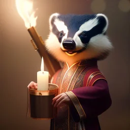 a cute litte badger wearing Hanfu, holding a large candle, BK complex detail, cinema, reality, detail, octane rendering, stoic cinematic 4k epic detailed photograph shot on kodak detailed bokeh cinematic hbo dark moody 8k, 85mm f/16 by leica