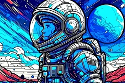draw a landscape about space in glitch art style with a teenage space traveler wearing a spacesuit and helmet.
