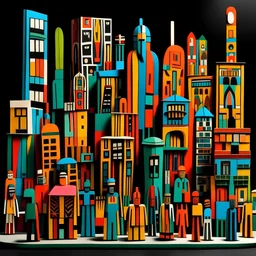 A metropolis made out of Maori sculptures painted by Stuart Davis